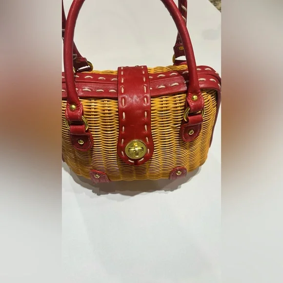 Red Leather Trimmed Woven Rattan Wicker Handbag Vintage chic elegant preppy bag - Picture 10 of 12